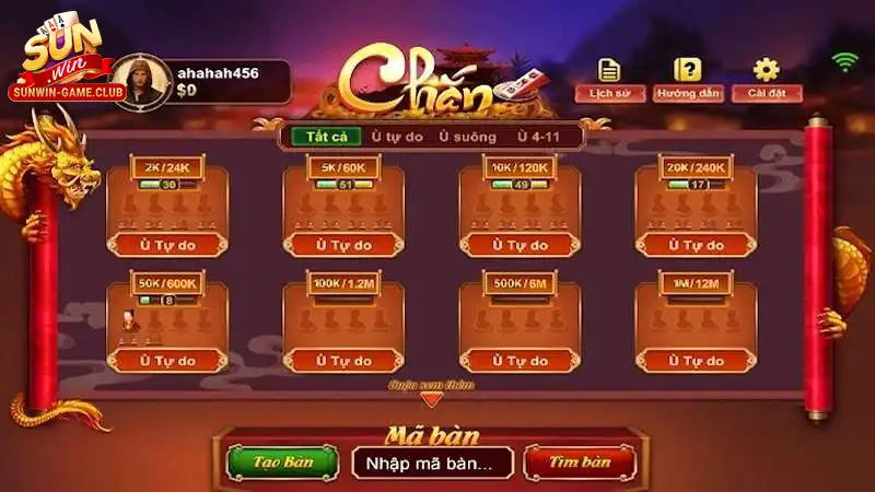 chọn bàn chơi Chắn Sunwin